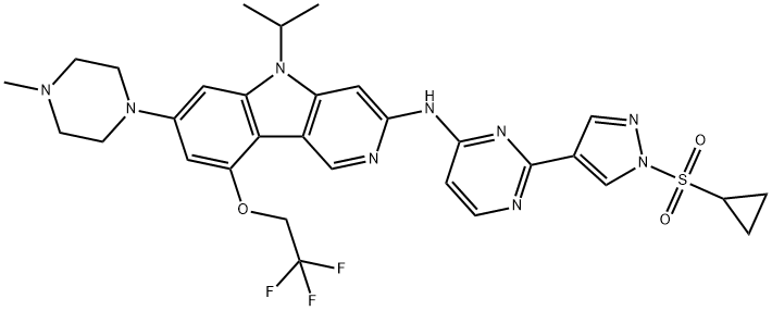 5H-Pyrido[4,3-b]indol-3-amine, N-[2-[1-(cyclopropylsulfonyl)-1H-pyrazol-4-yl]-4-pyrimidinyl]-5-(1-methylethyl)-7-(4-methyl-1-piperazinyl)-9-(2,2,2-trifluoroethoxy)- Struktur